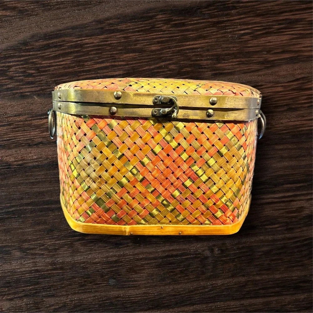 Vintage Woven Bamboo Brass Storage Box Hinged Lid Latch Handles 13